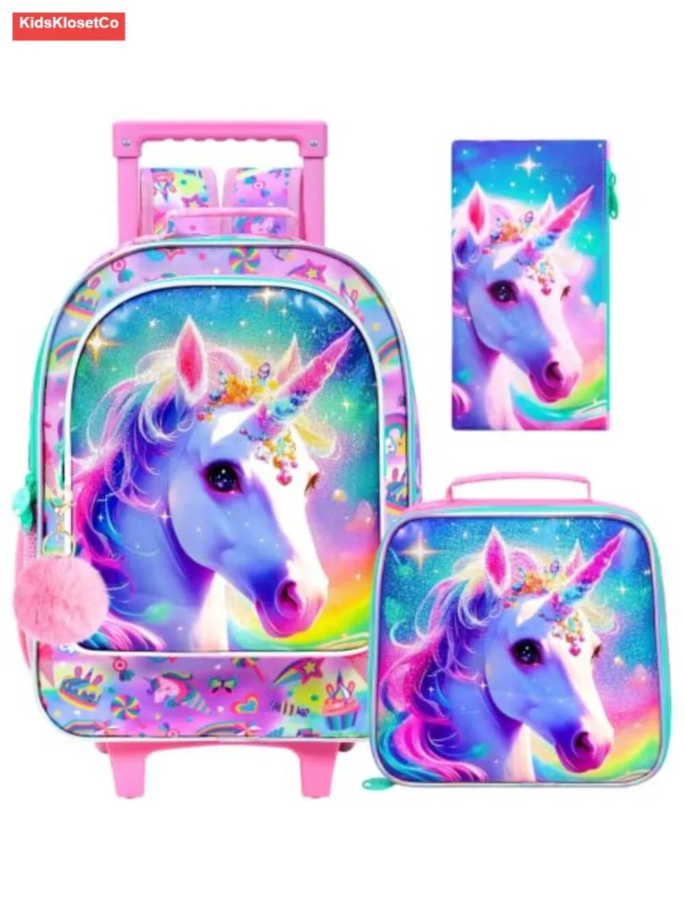 Girls Rolling Backpack with Wheels - Unicorn School Bag